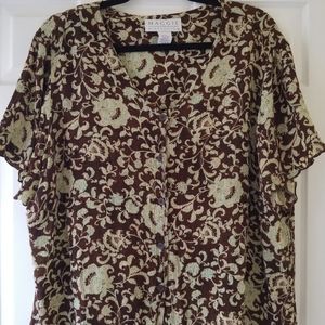 MAGGIE MCNAUGHTON top size 2X, vneck, short sleeved, brown/green floral design